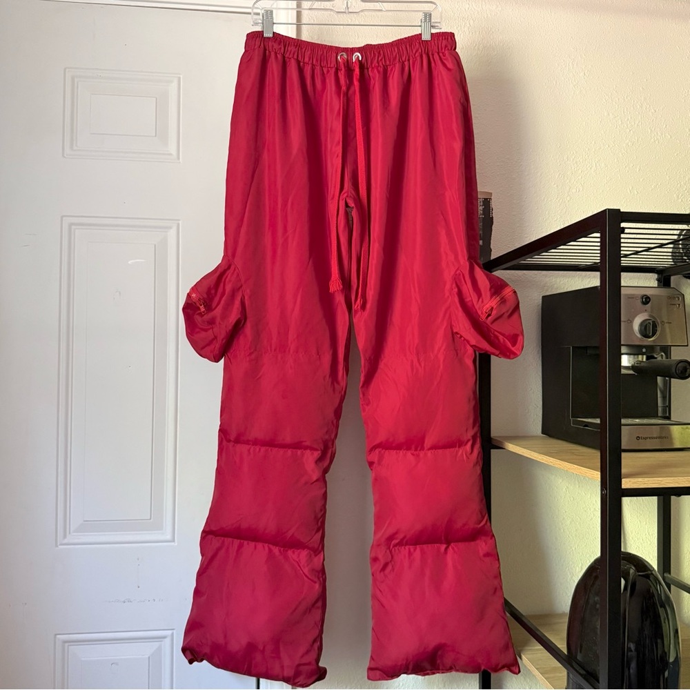 PARALLEL THE ART OF AGING red padded puffer quilted skin straight boot cut pants